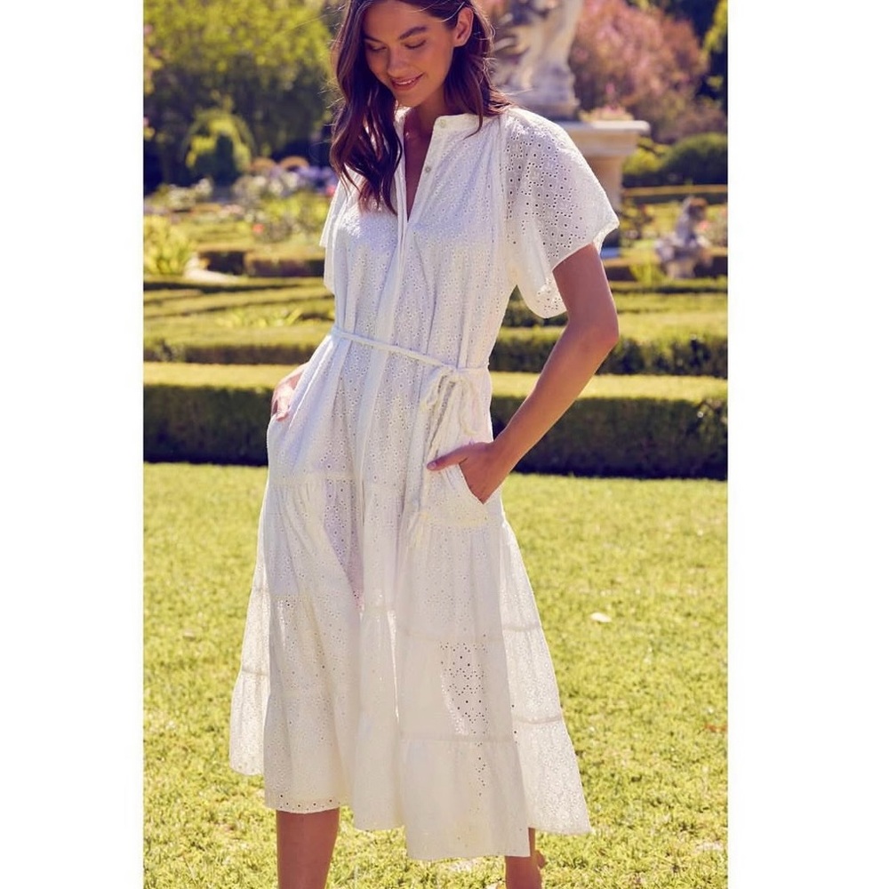 MISA Mallory Tiered White Eyelet Shirt Dress Midi Boho Cottage Core Resort wear